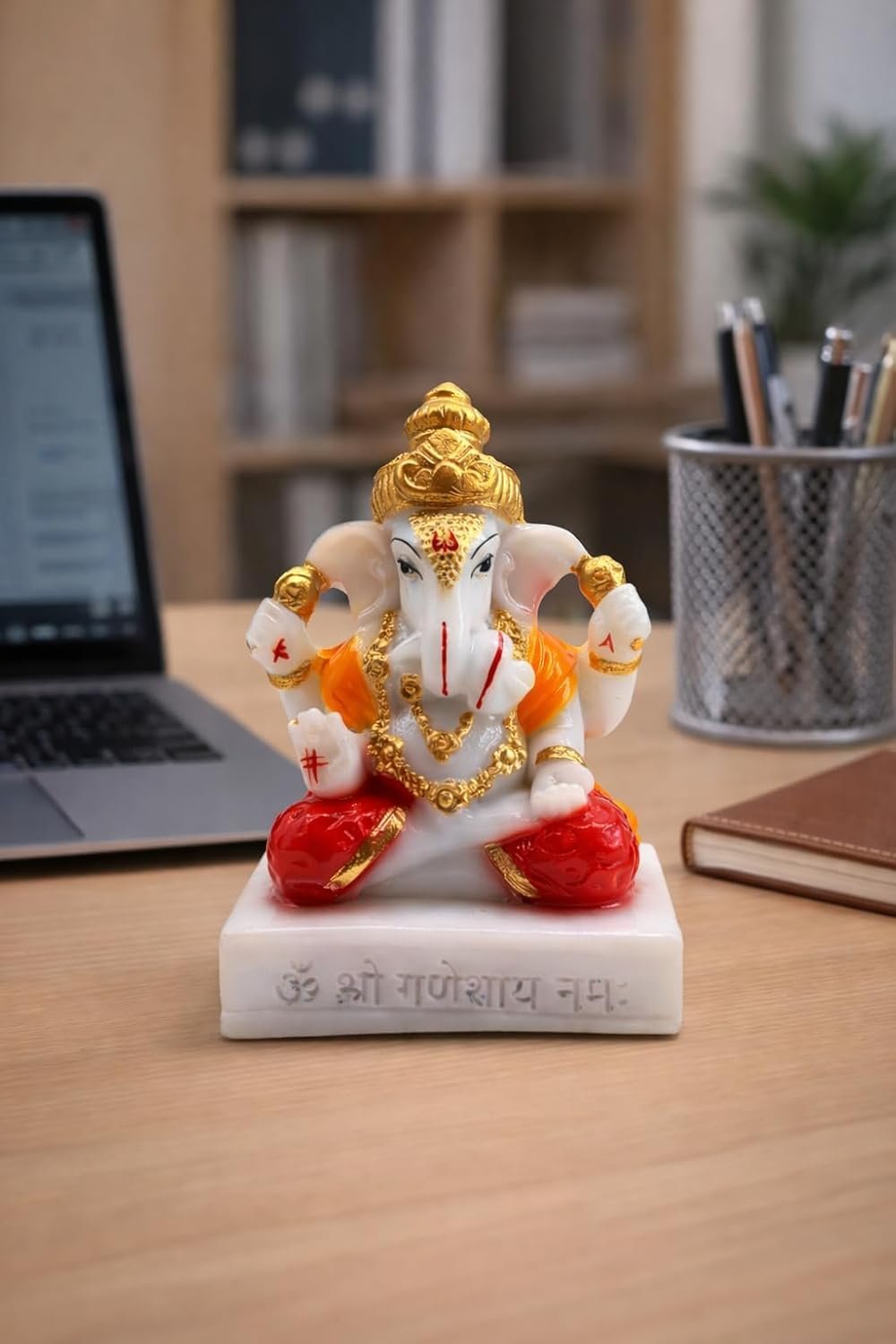 Traditional Hand Painted Lord Ganesha Idol in Marble Dust – Premium Multicolour Idol | Small Ganpati Murti for Car Dashboard, Desk, Pooja & Decor (Dagdu Seth in Red Dhoti, 6 CM)