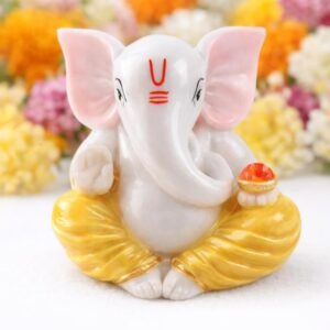 Traditional Hand Painted Lord Ganesha Idol in Marble Dust | Small Ganpati Murti for Car Dashboard, Desk, Pooja & Decor (Yellow Dhoti 01)