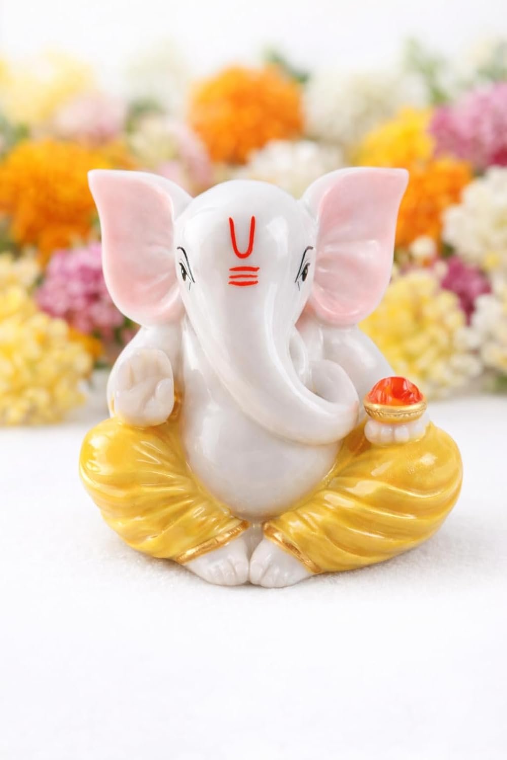 Traditional Hand Painted Lord Ganesha Idol in Marble Dust | Small Ganpati Murti for Car Dashboard, Desk, Pooja & Decor (Yellow Dhoti 01)