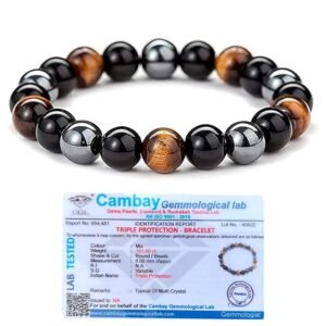 TSS The Certified Triple Protection Bracelet for Men & Women | Tiger Eye, Black Obsidian & Hematite stones | Confidence, Grounding & Aura Protection | 8mm Beads Stretchable Unisex Spiritual Wristband pack of 1