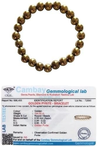 Original Certified Golden Pyrite Bracelet | Natural Pyrite Crystal Healing Bracelet for Wealth, Success & Protection | Reiki Energized Gemstones | Stretchable 8mm Beads (Pack of 1, Unisex)