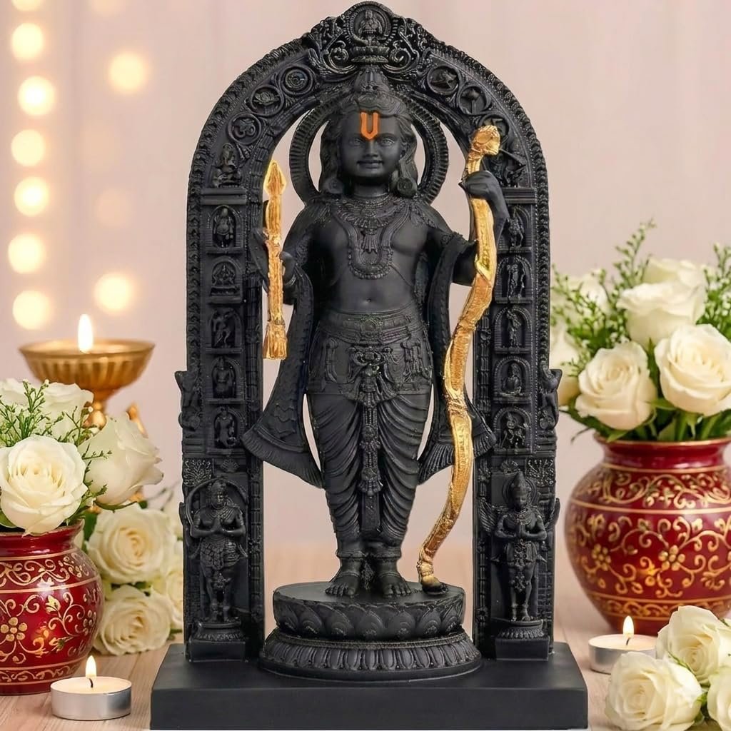 Ram Lalla Ayodhya Idol 3D Polyresin Murti with Gold Finish Bow & Arrow | Decorative Statue for Home Temple, Living Room, Office Desk & Festive Gifting