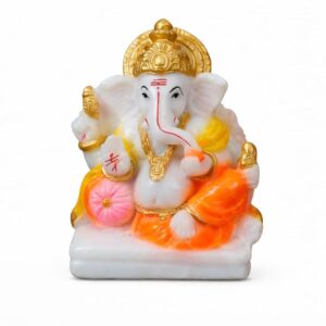 Traditional Seated Hand Painted Lord Ganesha Idol in Marble Dust – Orange Dhoti, Golden Crown & Modak (7.5 cm) | Small Ganpati Murti for Car Dashboard, Desk, Pooja & Decor