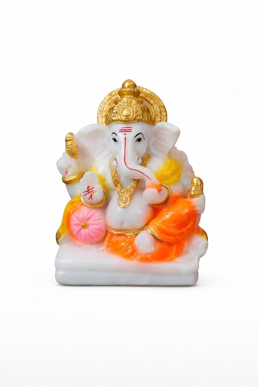 Traditional Seated Hand Painted Lord Ganesha Idol in Marble Dust – Orange Dhoti, Golden Crown & Modak (7.5 cm) | Small Ganpati Murti for Car Dashboard, Desk, Pooja & Decor