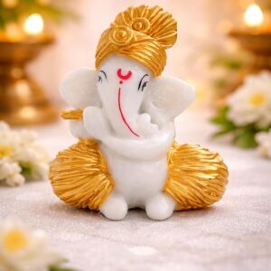 Traditional Hand Painted Lord Ganesha Idol in Marble Dust – Premium White & Gold Idol | Small Ganpati Murti for Car Dashboard, Desk, Pooja & Decor (White & Gold, 6 CM)