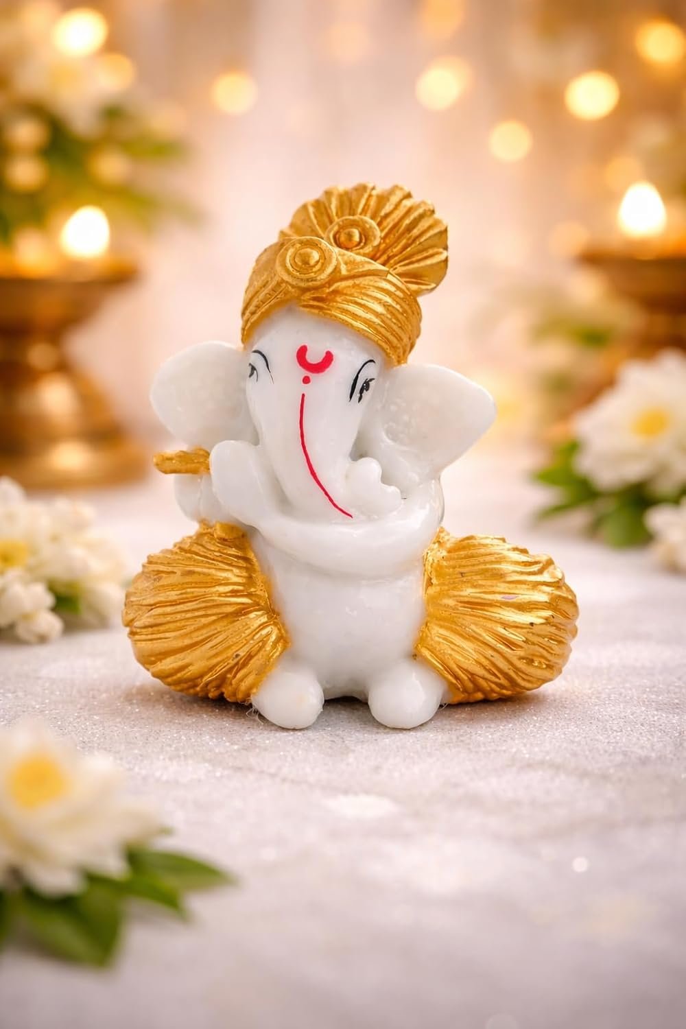 Traditional Hand Painted Lord Ganesha Idol in Marble Dust – Premium White & Gold Idol | Small Ganpati Murti for Car Dashboard, Desk, Pooja & Decor (White & Gold, 6 CM)