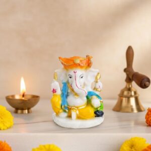 Traditional Hand Painted Lord Ganesha Idol in Marble Dust – Premium Multicolour Idol | Small Ganpati Murti for Car Dashboard, Desk, Pooja & Decor (Multicolour in Marathi pagdi)