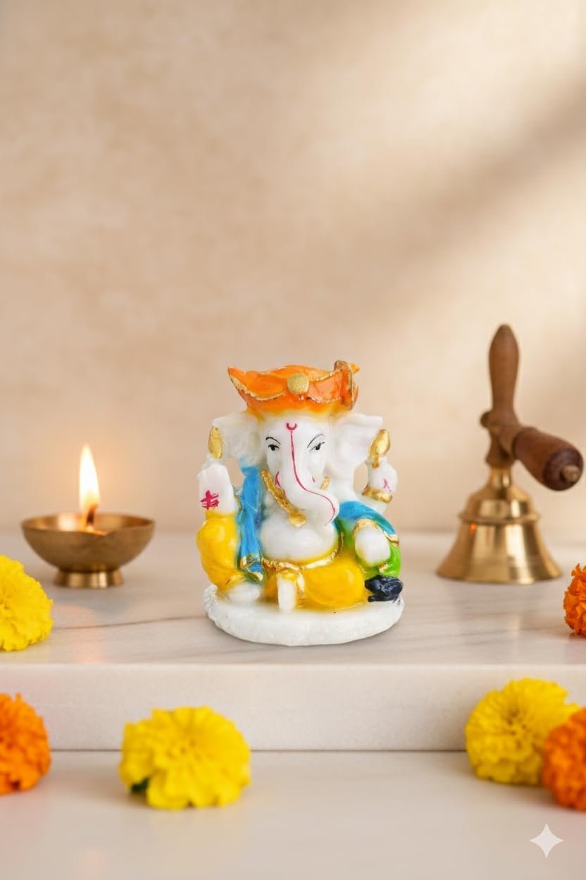 Traditional Hand Painted Lord Ganesha Idol in Marble Dust – Premium Multicolour Idol | Small Ganpati Murti for Car Dashboard, Desk, Pooja & Decor (Multicolour in Marathi pagdi)