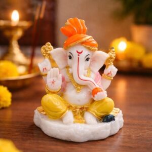 Traditional Hand Painted Lord Ganesha Idol in Marble Dust – Premium Multicolour Idol | Small Ganpati Murti for Car Dashboard, Desk, Pooja & Decor (Multicolour in Orange pagdi)