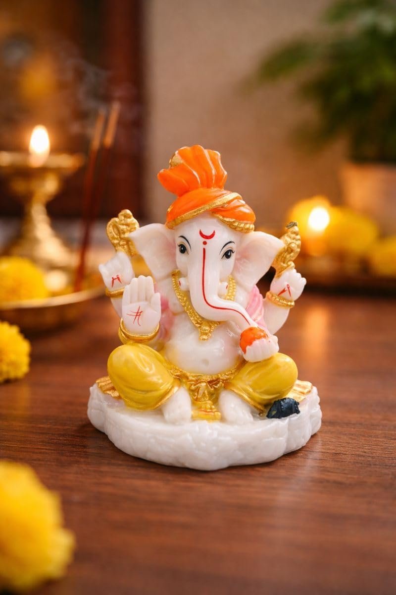 Traditional Hand Painted Lord Ganesha Idol in Marble Dust – Premium Multicolour Idol | Small Ganpati Murti for Car Dashboard, Desk, Pooja & Decor (Multicolour in Orange pagdi)