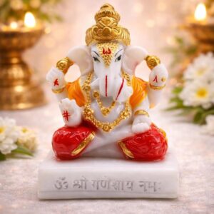 Traditional Hand Painted Lord Ganesha Idol in Marble Dust – Premium Multicolour Idol | Small Ganpati Murti for Car Dashboard, Desk, Pooja & Decor (Dagdu Seth in Red Dhoti, 6 CM)