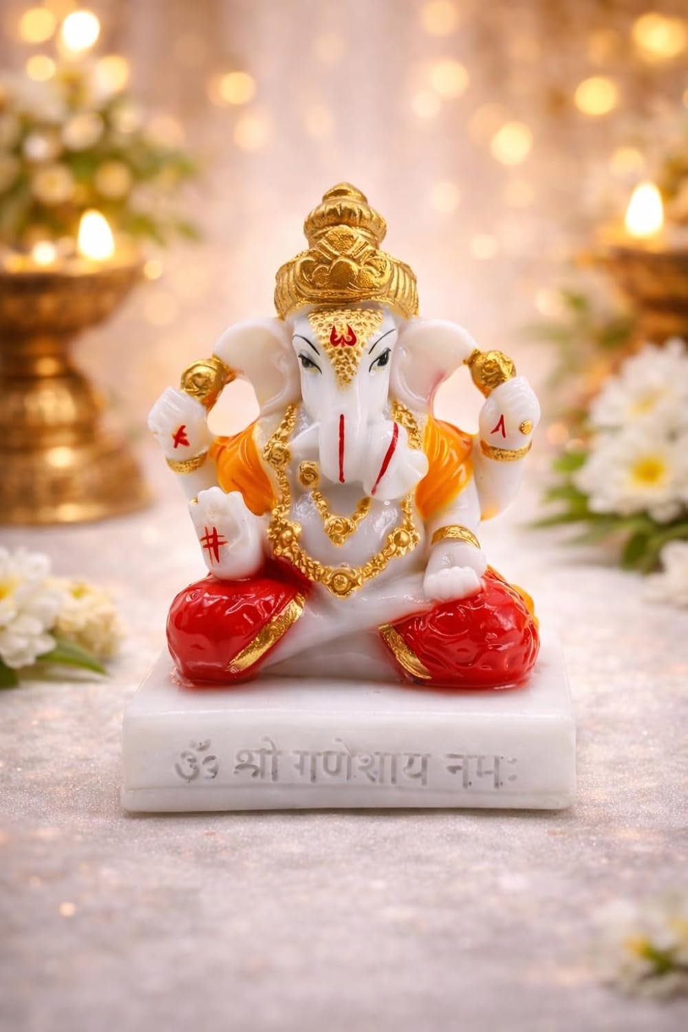 Traditional Hand Painted Lord Ganesha Idol in Marble Dust – Premium Multicolour Idol | Small Ganpati Murti for Car Dashboard, Desk, Pooja & Decor (Dagdu Seth in Red Dhoti, 6 CM)