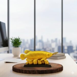 Feng Shui Golden Arowana Fish Statue with Coin in Mouth | Wealth & Prosperity Symbol | 15 CM Vastu & Feng Shui Home Office Decor Showpiece | Positive Energy & Gifting Item