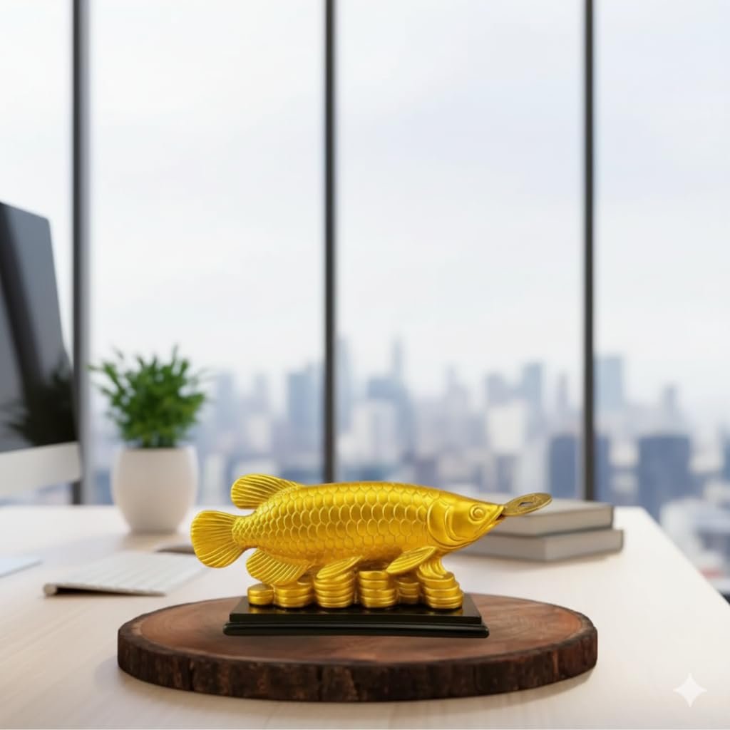 Feng Shui Golden Arowana Fish Statue with Coin in Mouth | Wealth & Prosperity Symbol | 15 CM Vastu & Feng Shui Home Office Decor Showpiece | Positive Energy & Gifting Item