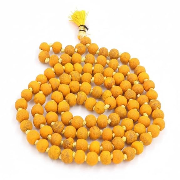 Unisex Adult Haldi Mala | Natural Turmeric Jap Mala (7mm Beads, 32 Inch Length, 108+1 Beads) | Spiritual, Prayer, Meditation & Puja | Pack of 1