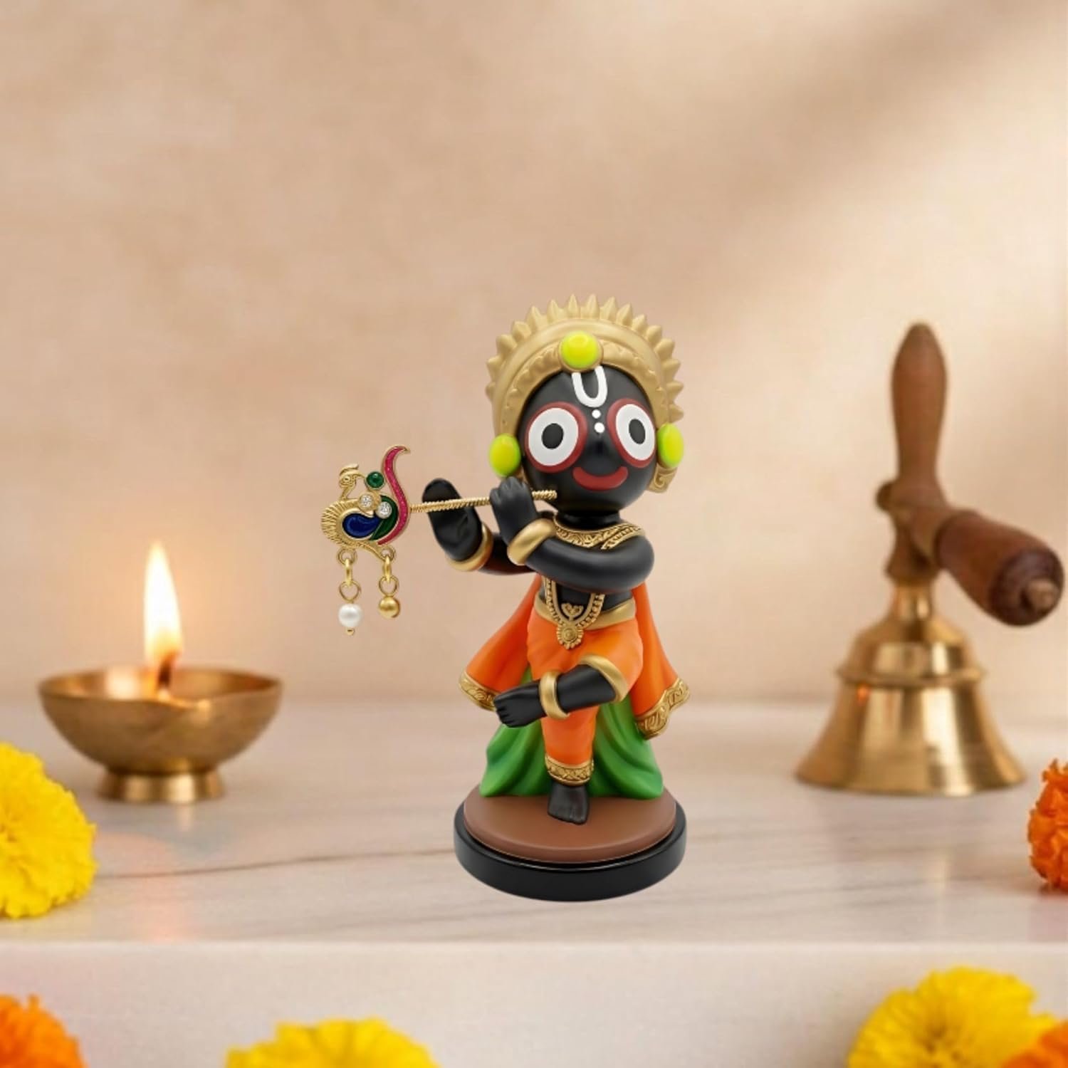 Handcrafted Lord Jagannath Idol with Flute (10 cm) | Premium Resin Murti for Home Temple, Car Dashboard, Pooja & Spiritual Gifting | Decorative Showpiece