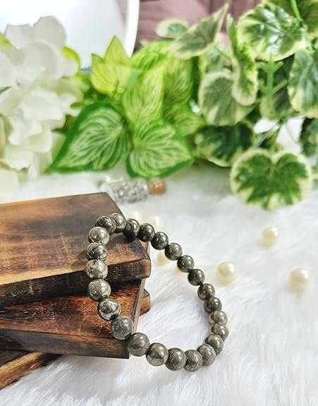 Natural Pyrite Bracelet | 8mm Metallic Gemstone Stretchable Wristband for Men & Women | Crystal Jewellery