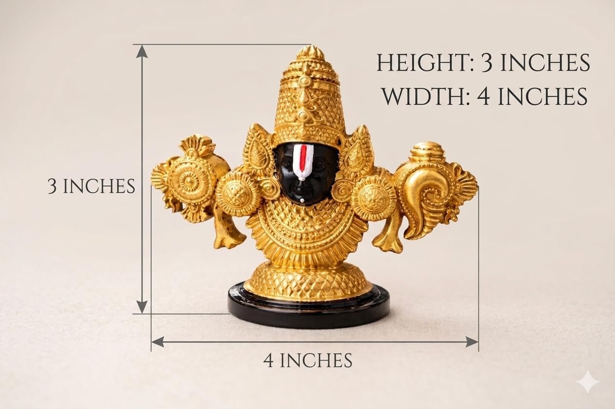 Lord Venkateswara Idol for Car Dashboard & Home Decor | Tirupati Balaji Murti | Brass Finish Hindu God Idol for Temple, Office Desk, Gift & Vastu (Premium Gold Plated Finish)