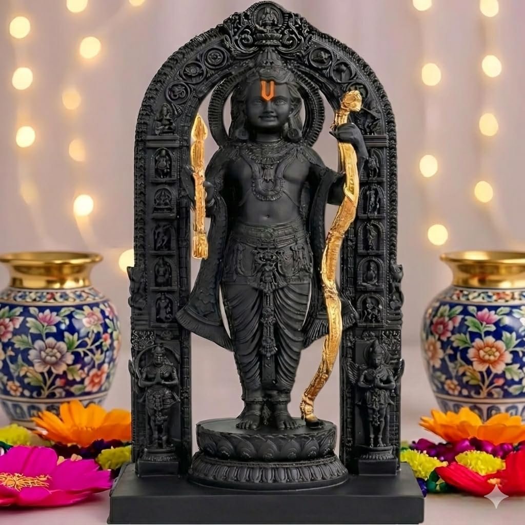 Ram Lalla Ayodhya Idol 3D Polyresin Murti with Gold Finish Bow & Arrow | Decorative Statue for Home Temple, Living Room, Office Desk & Festive Gifting