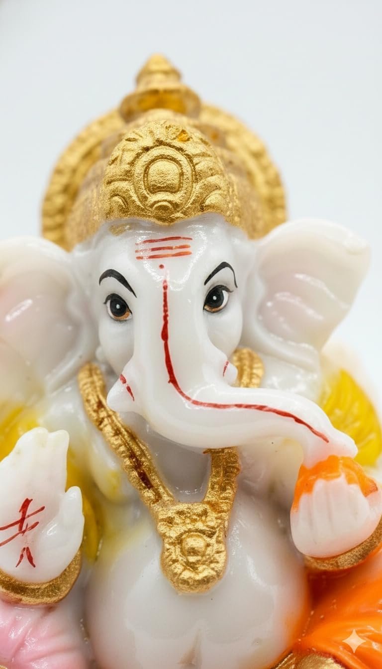 Traditional Seated Hand Painted Lord Ganesha Idol in Marble Dust – Orange Dhoti, Golden Crown & Modak (7.5 cm) | Small Ganpati Murti for Car Dashboard, Desk, Pooja & Decor