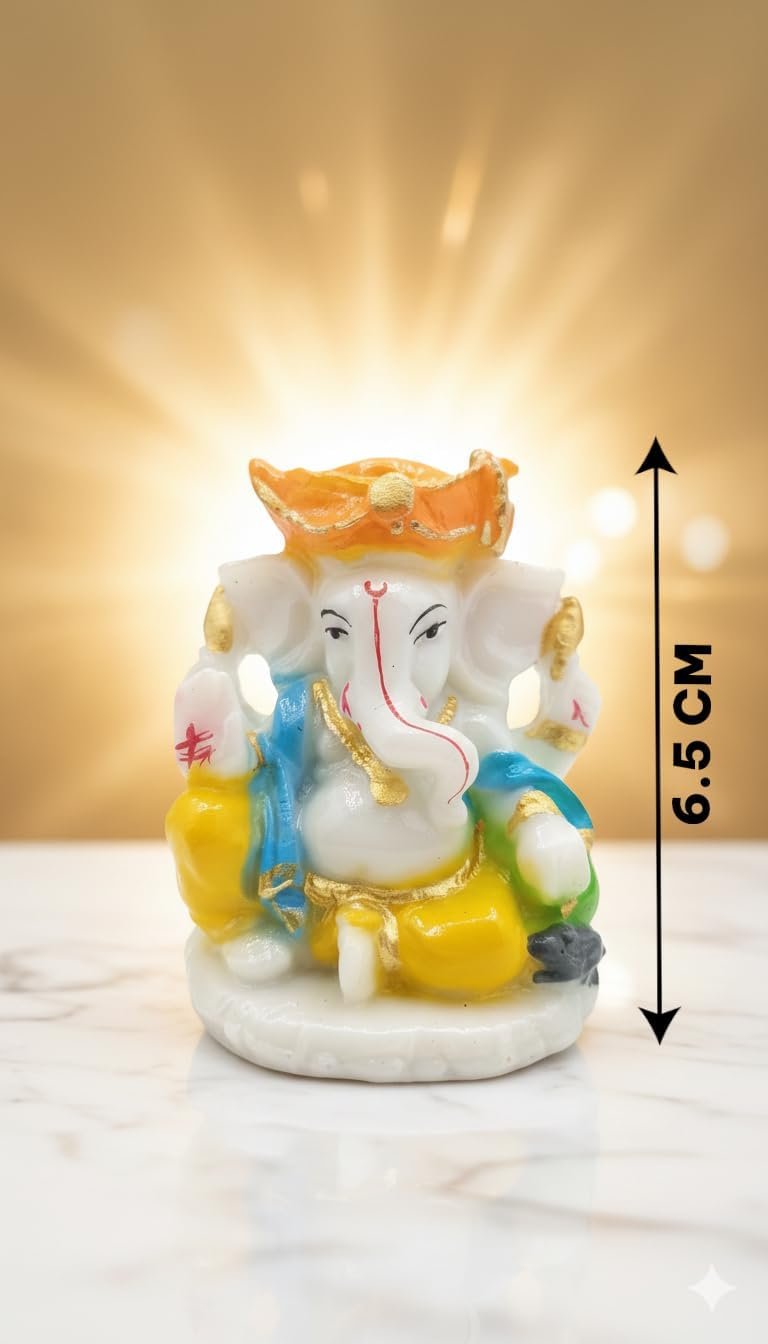 Traditional Hand Painted Lord Ganesha Idol in Marble Dust – Premium Multicolour Idol | Small Ganpati Murti for Car Dashboard, Desk, Pooja & Decor (Multicolour in Marathi pagdi)
