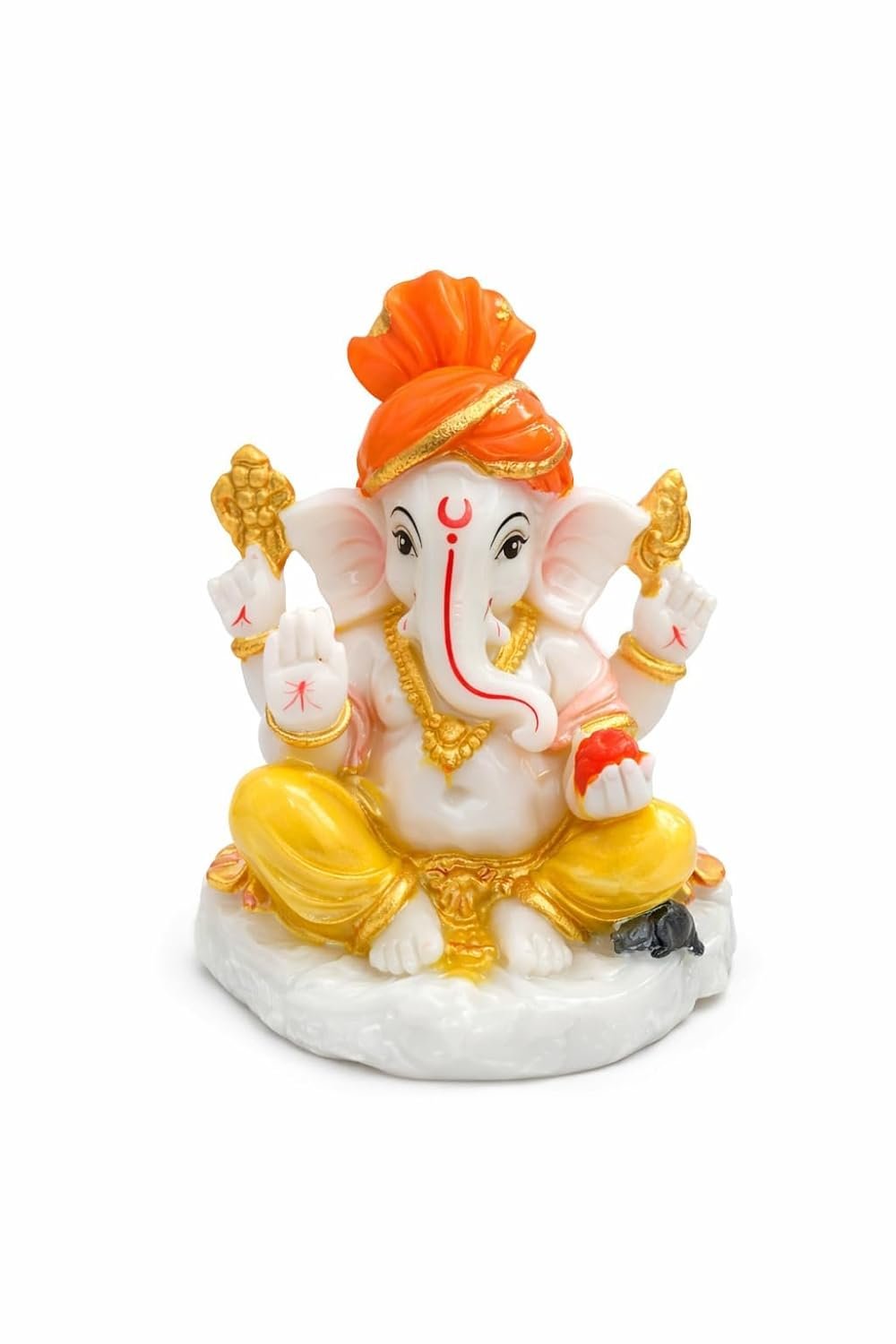 Traditional Hand Painted Lord Ganesha Idol in Marble Dust – Premium Multicolour Idol | Small Ganpati Murti for Car Dashboard, Desk, Pooja & Decor (Multicolour in Orange pagdi)