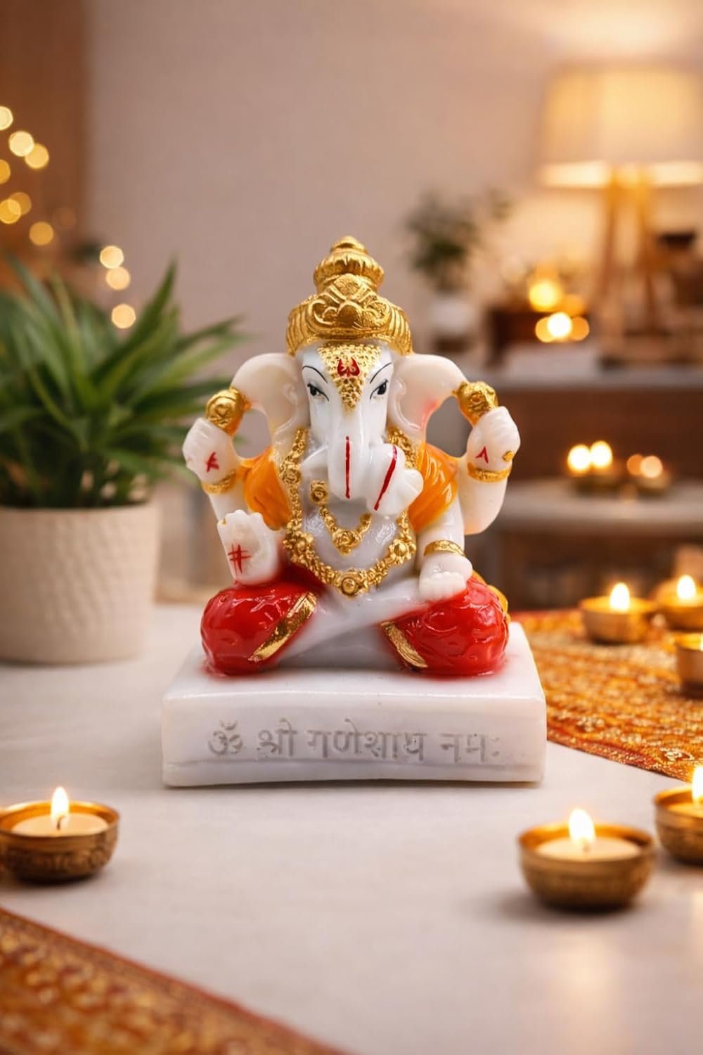 Traditional Hand Painted Lord Ganesha Idol in Marble Dust – Premium Multicolour Idol | Small Ganpati Murti for Car Dashboard, Desk, Pooja & Decor (Dagdu Seth in Red Dhoti, 6 CM)