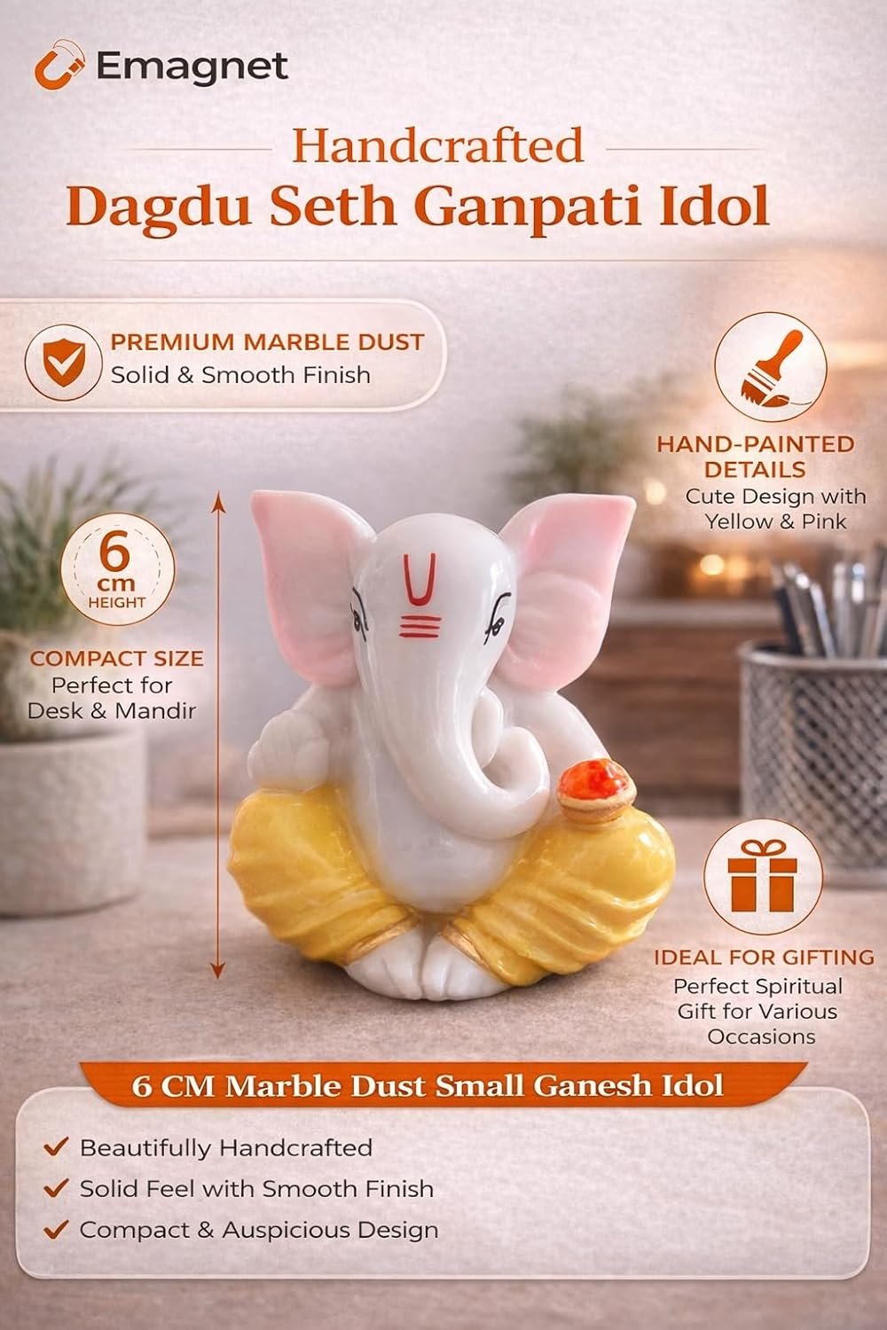 Traditional Hand Painted Lord Ganesha Idol in Marble Dust | Small Ganpati Murti for Car Dashboard, Desk, Pooja & Decor (Yellow Dhoti 01)