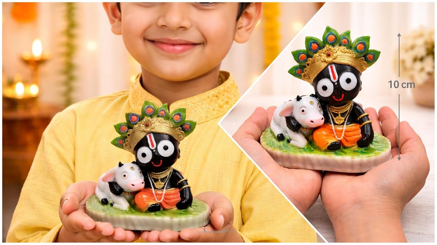 Cute Jagannathji Murti with Cow (4 Inch) | Premium Marble Finish Idol for Home Decor, Car Dashboard & Pooja | Lord Jagannath Statue for Gift, Festive Decor & Spiritual Use