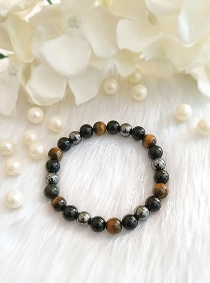 TSS The Certified Triple Protection Bracelet for Men & Women | Tiger Eye, Black Obsidian & Hematite stones | Confidence, Grounding & Aura Protection | 8mm Beads Stretchable Unisex Spiritual Wristband pack of 1
