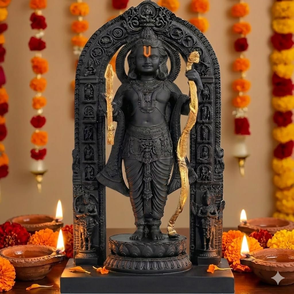 Ram Lalla Ayodhya Idol 3D Polyresin Murti with Gold Finish Bow & Arrow | Decorative Statue for Home Temple, Living Room, Office Desk & Festive Gifting