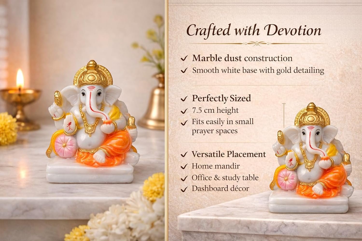 Traditional Seated Hand Painted Lord Ganesha Idol in Marble Dust – Orange Dhoti, Golden Crown & Modak (7.5 cm) | Small Ganpati Murti for Car Dashboard, Desk, Pooja & Decor