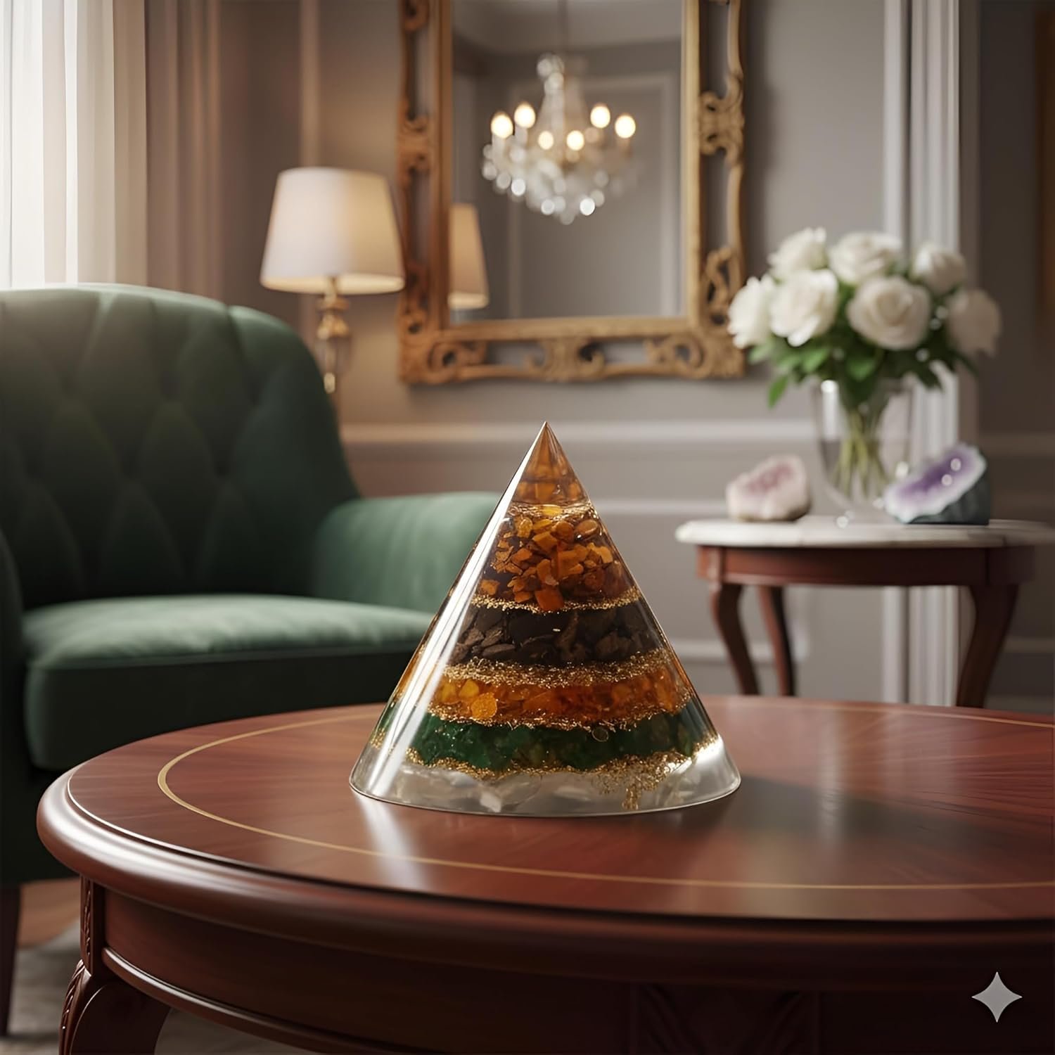 Conical Dhan YOG Pyramid with Selenite Base | Decorative Vastu Pyramid for Home, Office & Mandir | Spiritual Home Décor for Positive Energy & Prosperity