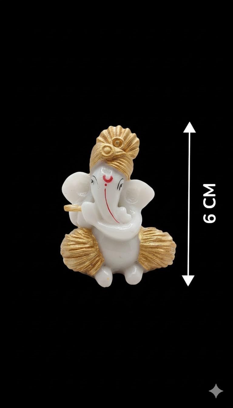 Traditional Hand Painted Lord Ganesha Idol in Marble Dust – Premium White & Gold Idol | Small Ganpati Murti for Car Dashboard, Desk, Pooja & Decor (White & Gold, 6 CM)
