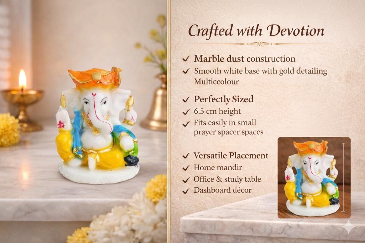 Traditional Hand Painted Lord Ganesha Idol in Marble Dust – Premium Multicolour Idol | Small Ganpati Murti for Car Dashboard, Desk, Pooja & Decor (Multicolour in Marathi pagdi)