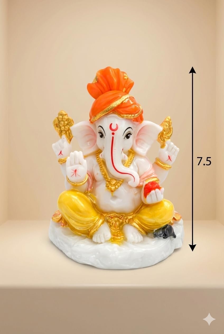 Traditional Hand Painted Lord Ganesha Idol in Marble Dust – Premium Multicolour Idol | Small Ganpati Murti for Car Dashboard, Desk, Pooja & Decor (Multicolour in Orange pagdi)