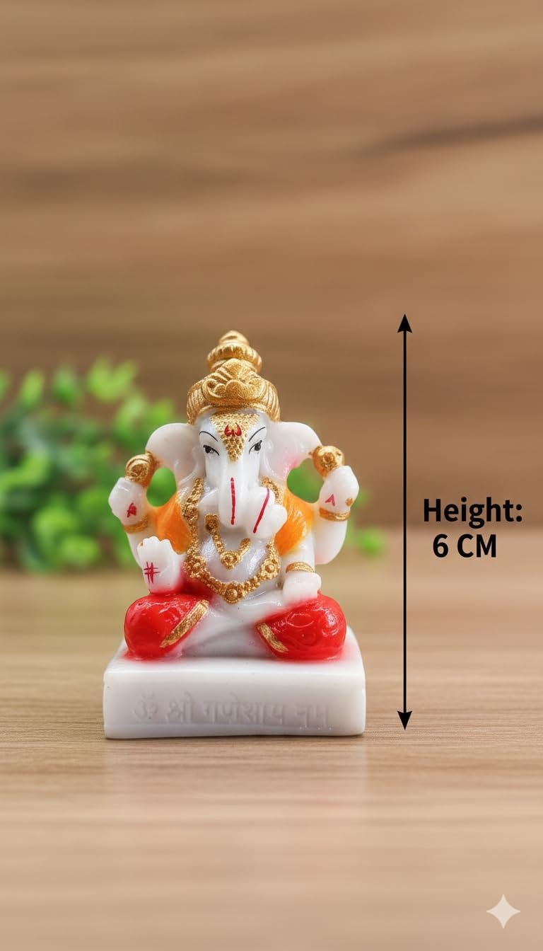 Traditional Hand Painted Lord Ganesha Idol in Marble Dust – Premium Multicolour Idol | Small Ganpati Murti for Car Dashboard, Desk, Pooja & Decor (Dagdu Seth in Red Dhoti, 6 CM)