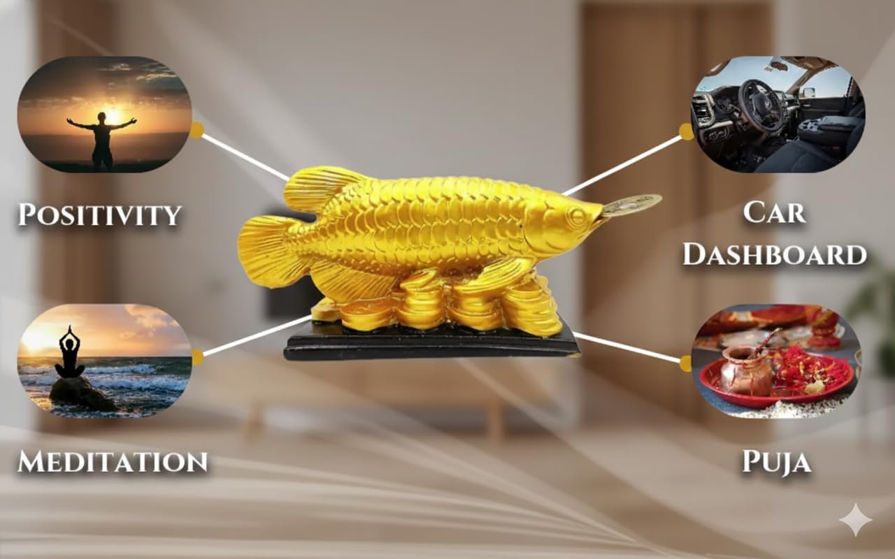 Feng Shui Golden Arowana Fish Statue with Coin in Mouth | Wealth & Prosperity Symbol | 15 CM Vastu & Feng Shui Home Office Decor Showpiece | Positive Energy & Gifting Item
