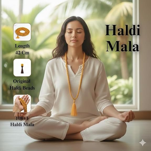 Unisex Adult Haldi Mala | Natural Turmeric Jap Mala (7mm Beads, 32 Inch Length, 108+1 Beads) | Spiritual, Prayer, Meditation & Puja | Pack of 1