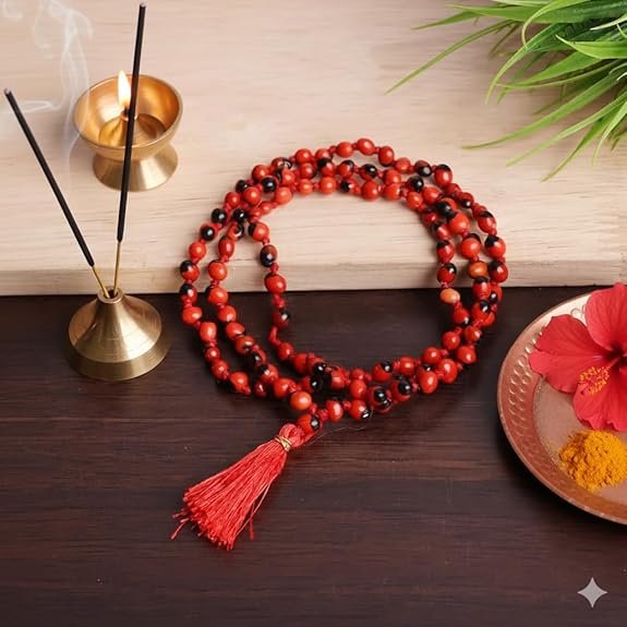 Certified Natural Chirmi Mala with Tassel | Original 108+1 Beads Red and Black Gunja for Meditation, Jap, Lakshmi pooja | Red & Black Chirmi Seed Mala