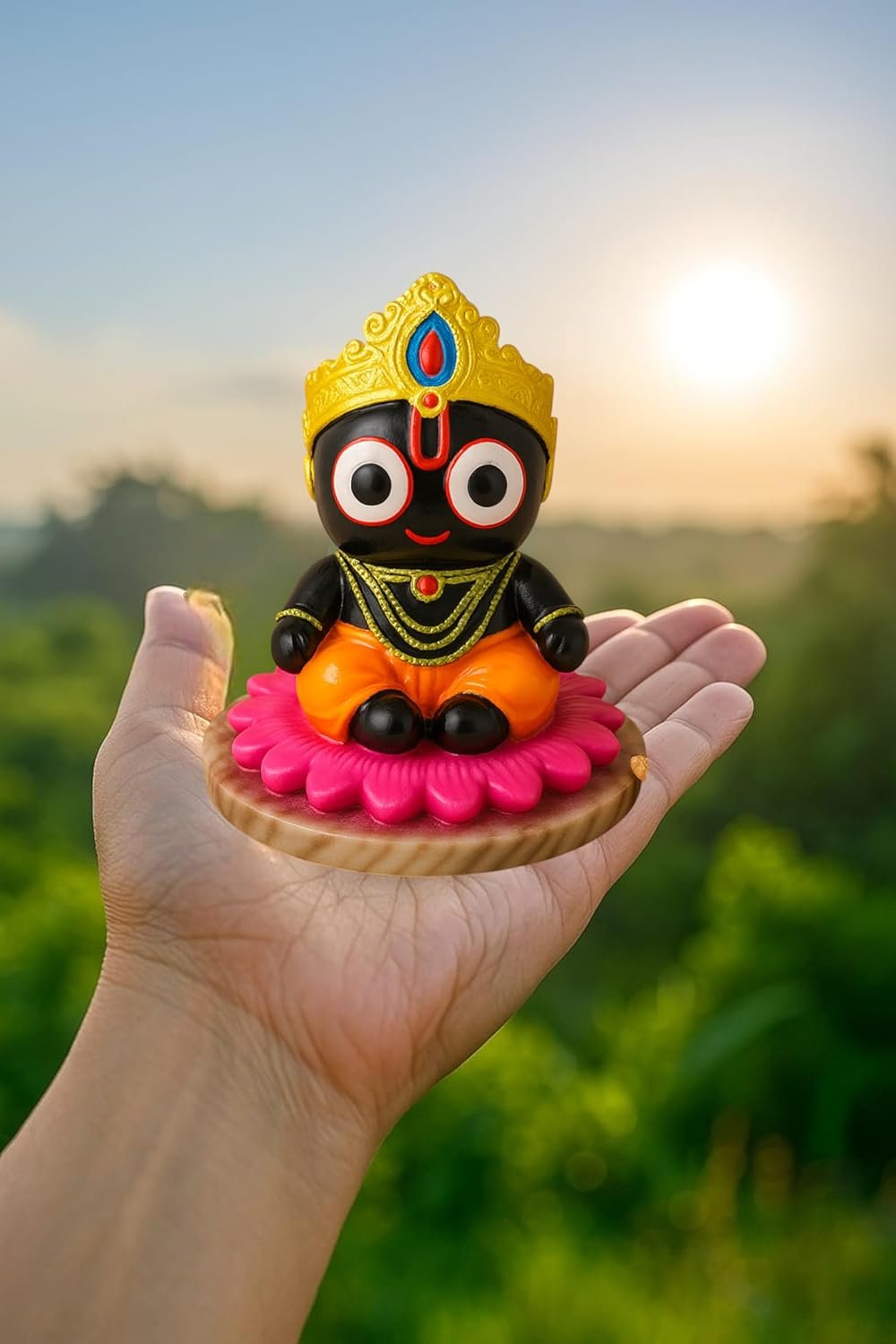 Handcrafted Lord Jagannath Idol on Kamal Base | Premium Marble Dust Murti for Home Temple, Car Dashboard, Pooja & Spiritual Gifting | Decorative Showpiece | 10 CM