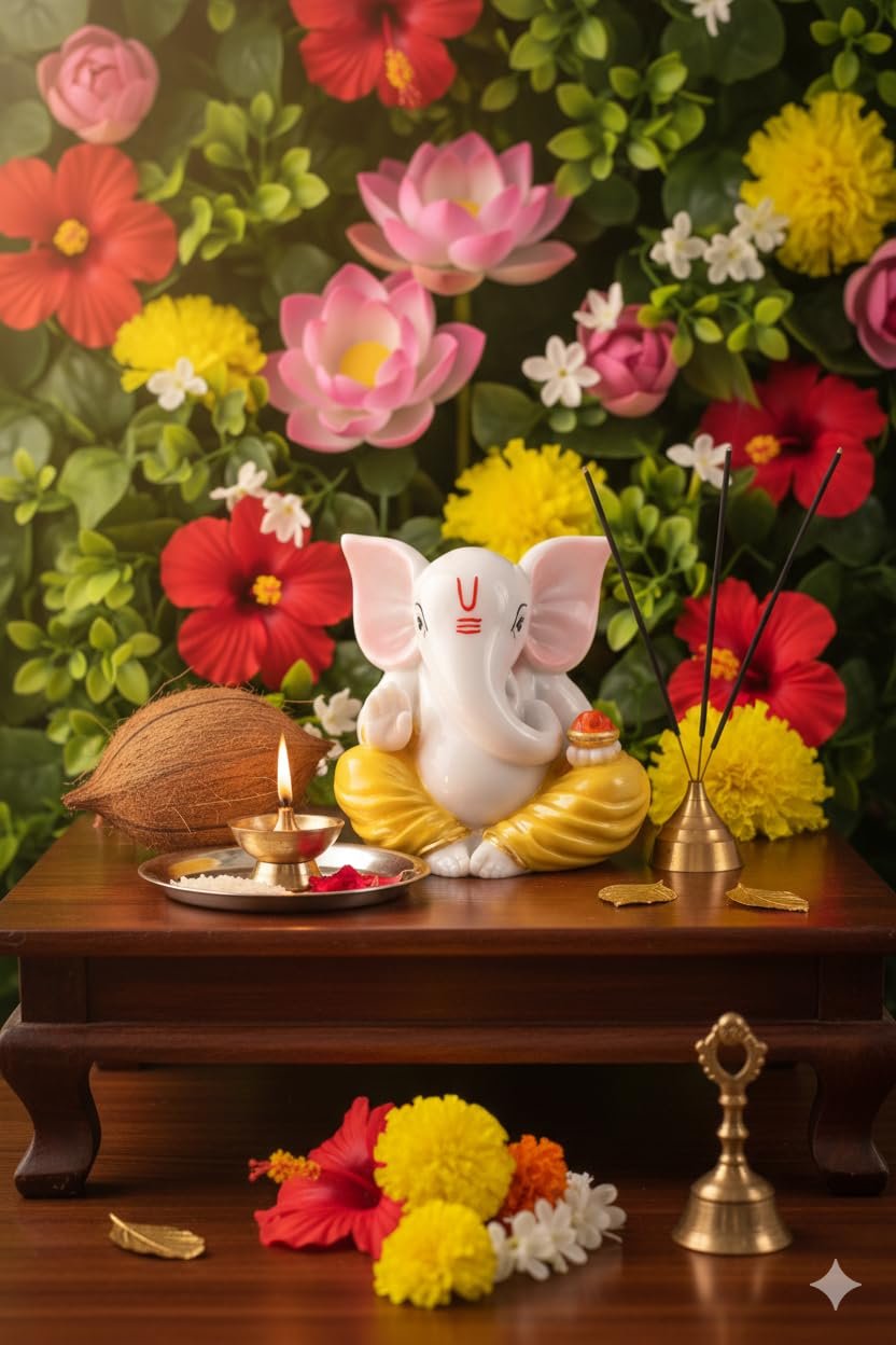 Traditional Hand Painted Lord Ganesha Idol in Marble Dust | Small Ganpati Murti for Car Dashboard, Desk, Pooja & Decor (Yellow Dhoti 01)