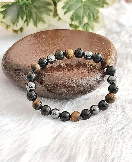 TSS The Certified Triple Protection Bracelet for Men & Women | Tiger Eye, Black Obsidian & Hematite stones | Confidence, Grounding & Aura Protection | 8mm Beads Stretchable Unisex Spiritual Wristband pack of 1