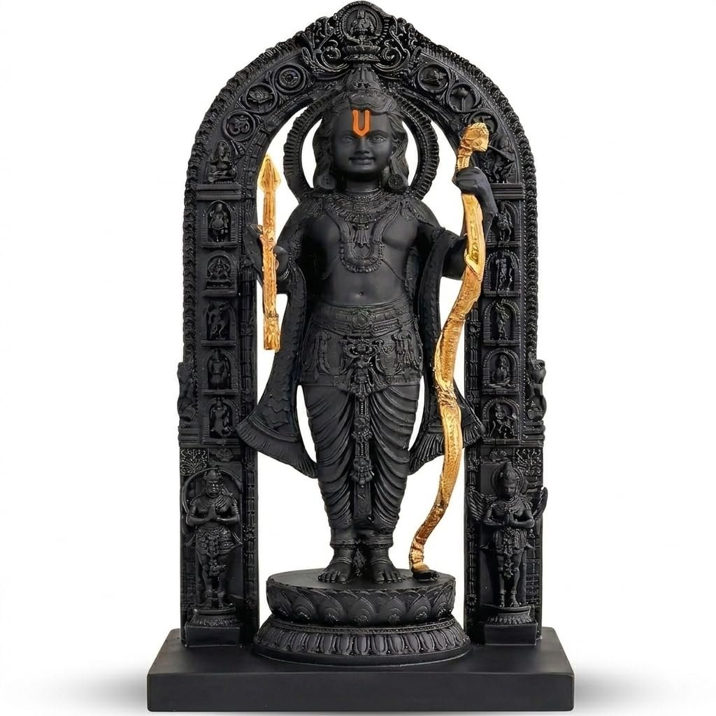Ram Lalla Ayodhya Idol 3D Polyresin Murti with Gold Finish Bow & Arrow | Decorative Statue for Home Temple, Living Room, Office Desk & Festive Gifting