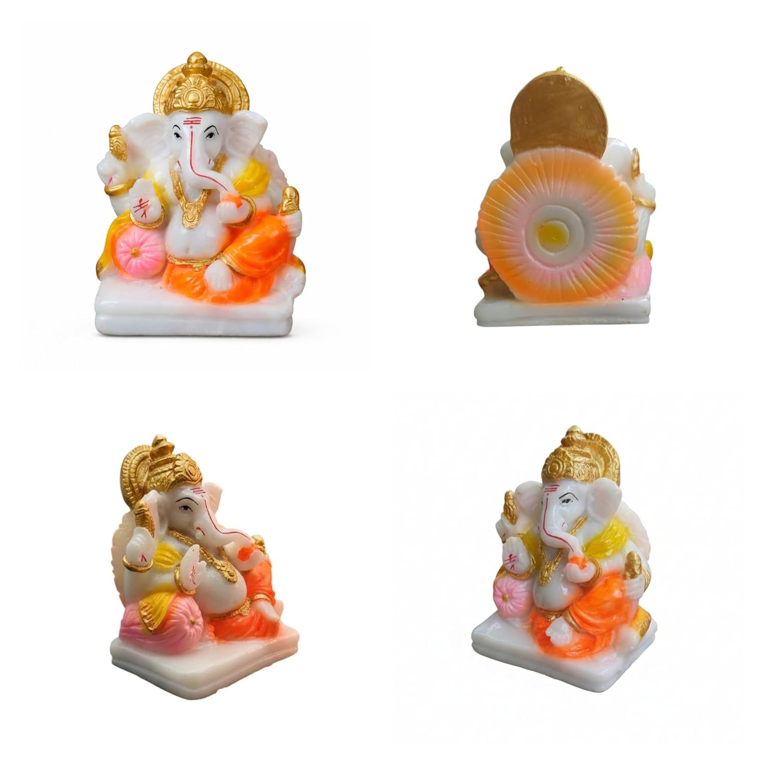 Traditional Seated Hand Painted Lord Ganesha Idol in Marble Dust – Orange Dhoti, Golden Crown & Modak (7.5 cm) | Small Ganpati Murti for Car Dashboard, Desk, Pooja & Decor