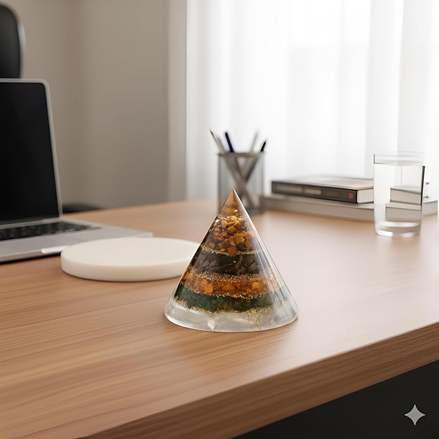 Conical Dhan YOG Pyramid with Selenite Base | Decorative Vastu Pyramid for Home, Office & Mandir | Spiritual Home Décor for Positive Energy & Prosperity