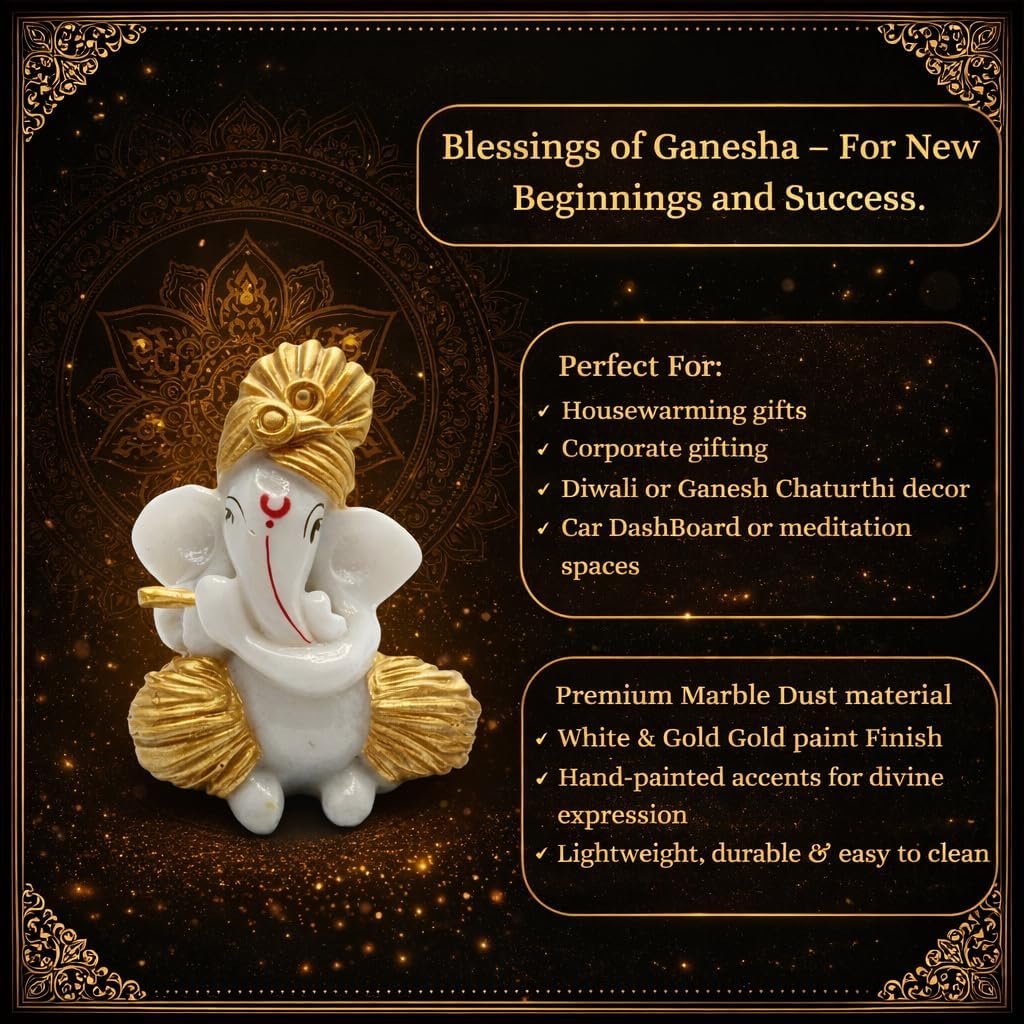 Traditional Hand Painted Lord Ganesha Idol in Marble Dust – Premium White & Gold Idol | Small Ganpati Murti for Car Dashboard, Desk, Pooja & Decor (White & Gold, 6 CM)