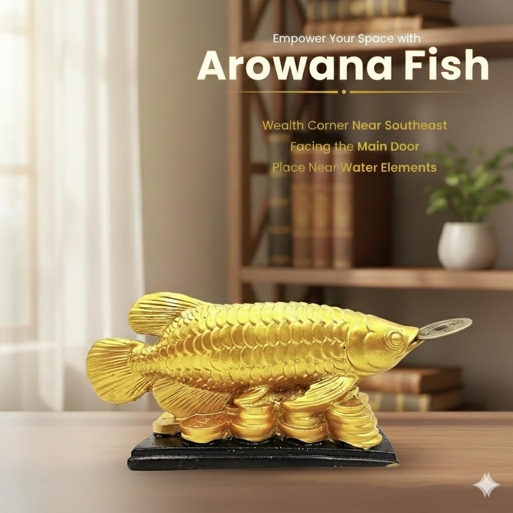 Feng Shui Golden Arowana Fish Statue with Coin in Mouth | Wealth & Prosperity Symbol | 15 CM Vastu & Feng Shui Home Office Decor Showpiece | Positive Energy & Gifting Item