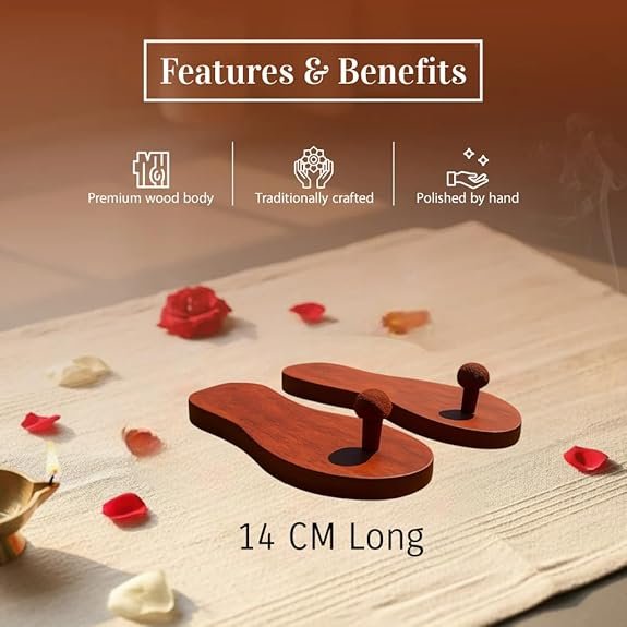 Wooden Khadau Charan Paduka (14 CM)| Traditional Handmade Wooden Sandals for Pooja, Mandir, Meditation & Spiritual Use | Sacred Religious Paduka for Home Temple Rituals