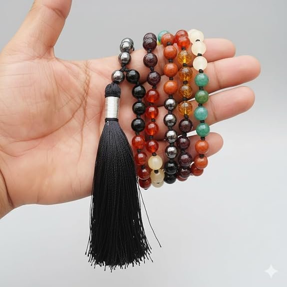 Lab Certified Navgrah Healing Crystal Mala for Men & Women | 9 Colour Chakra Stone Mala Necklace (27 Inch, 6mm Beads) | Unisex Meditation, Reiki & Spiritual Prayer Mala | Pack of 1